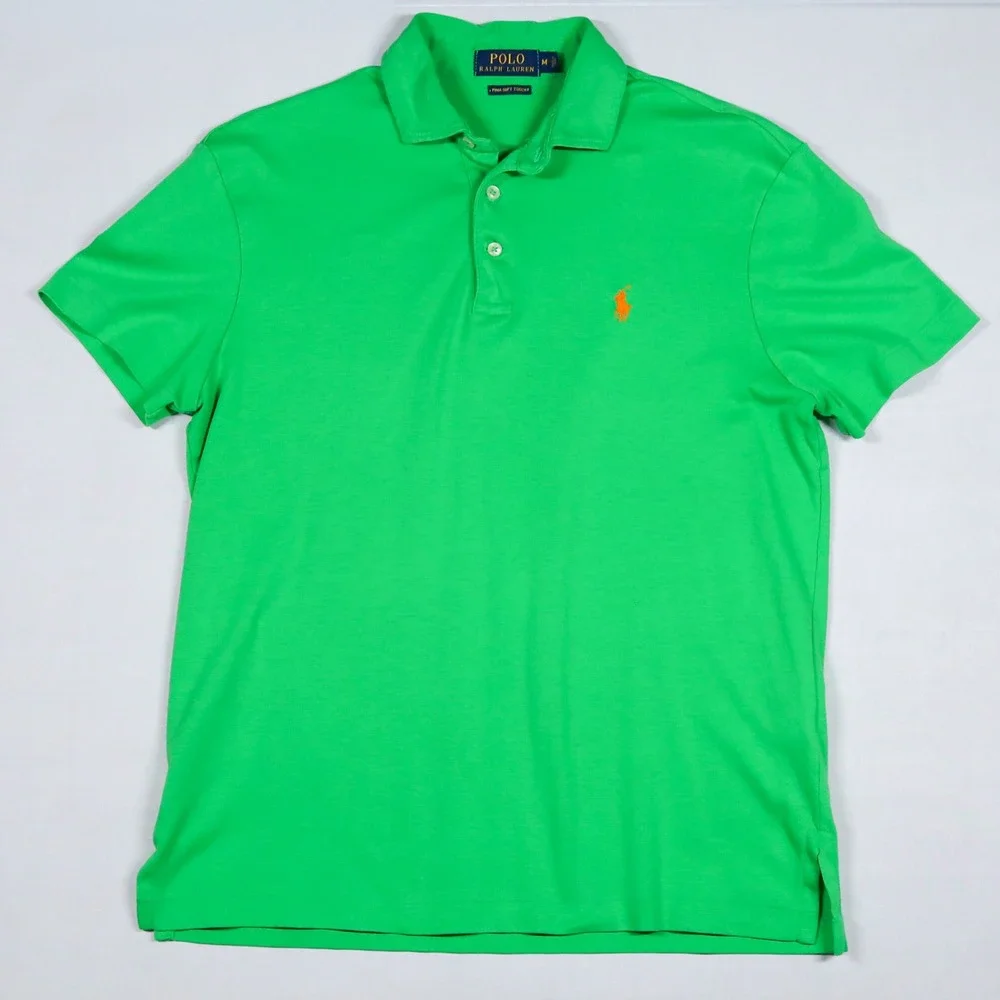 Polo Ralph Lauren Polo Shirt Mens Medium Green Pima Soft Touch Orange Pony Logo
